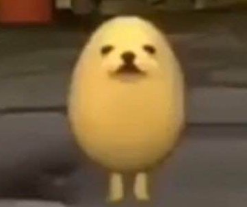 Blurry viral Eggdog meme, round pale yellow egg character with Pomeranian dog face standing on ti...