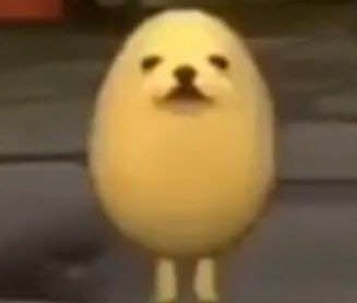 Low res screengrab of viral egg dog meme, round pale yellow egg character with unimpressed dog fa...