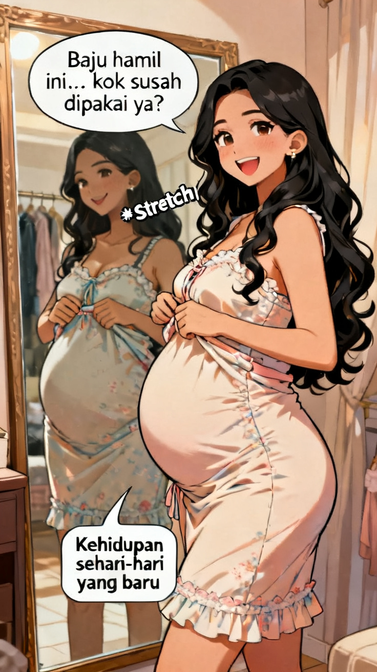 Pregnant woman in a pink satin nightgown trying on maternity dress in a dressing room with a mirror.