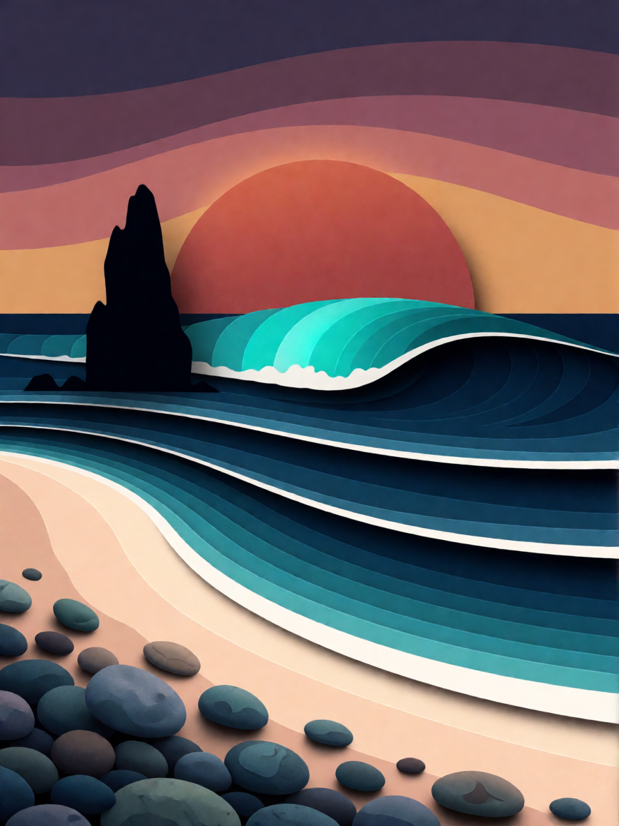 [Layered paper cut illustration of a coastal sunset, with rolling ocean waves, a silhouetted sea stack, and pebbled sandy ...