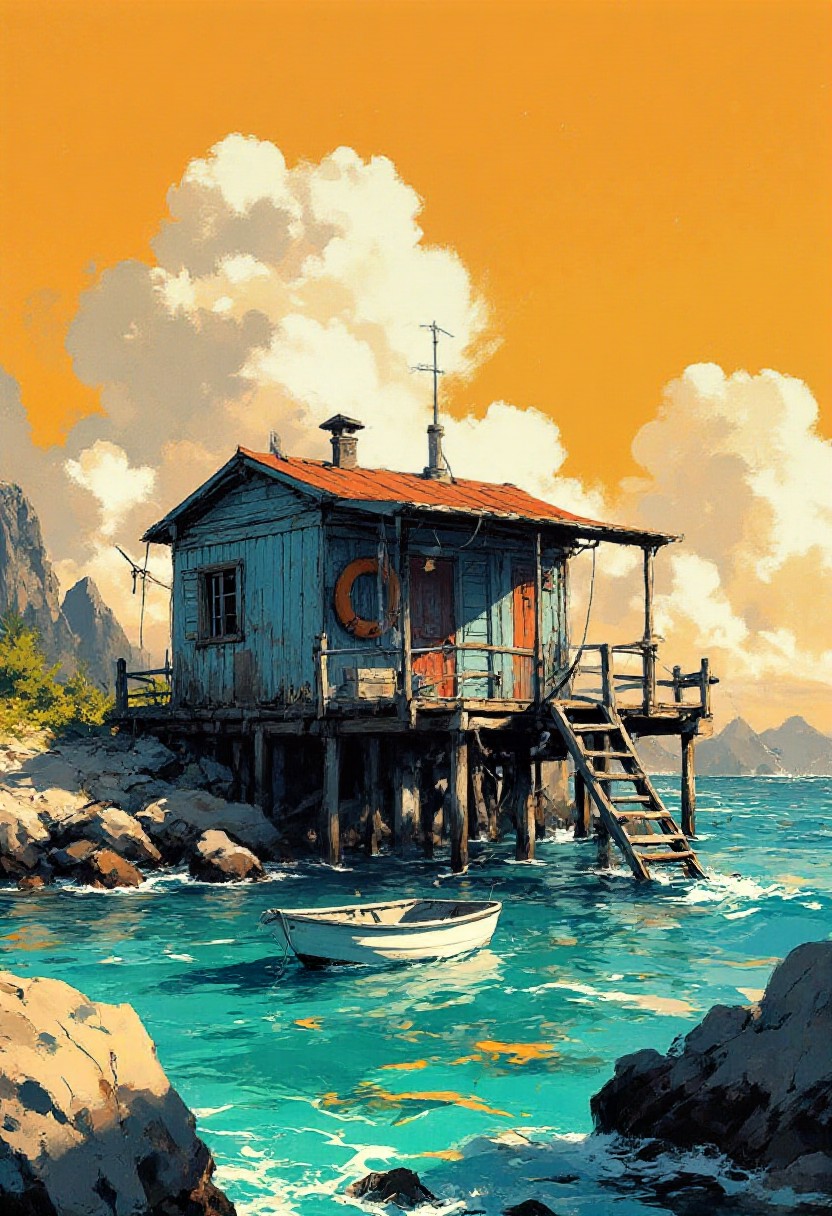 Painterly illustration of a weathered stilt fishing hut over turquoise ocean under a warm orange cloudy sky.
