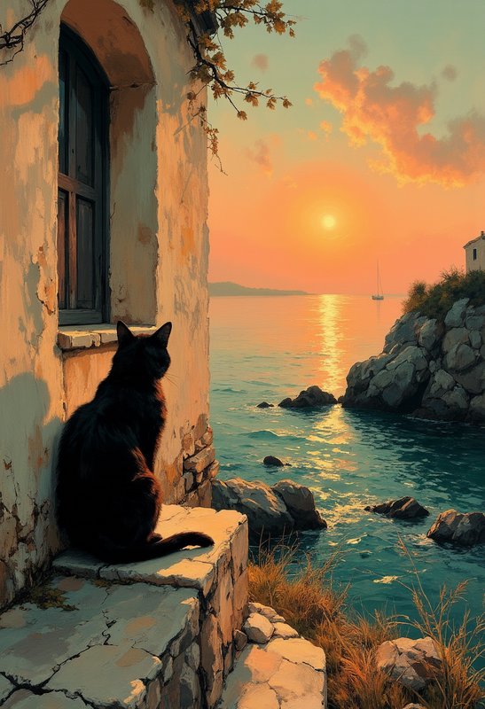 Fluffy black cat sits on weathered seaside balcony gazing at golden Mediterranean ocean sunset