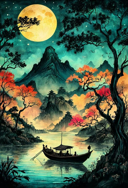 Traditional East Asian ink wash landscape featuring a full moon, river boat, misty mountains, and...