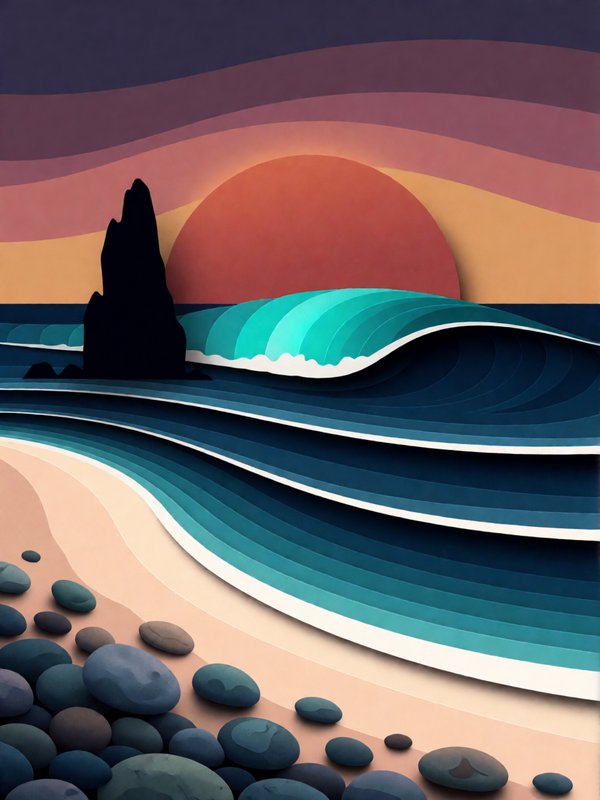 Layered paper cut illustration of a coastal sunset, with rolling ocean waves, a silhouetted sea s...