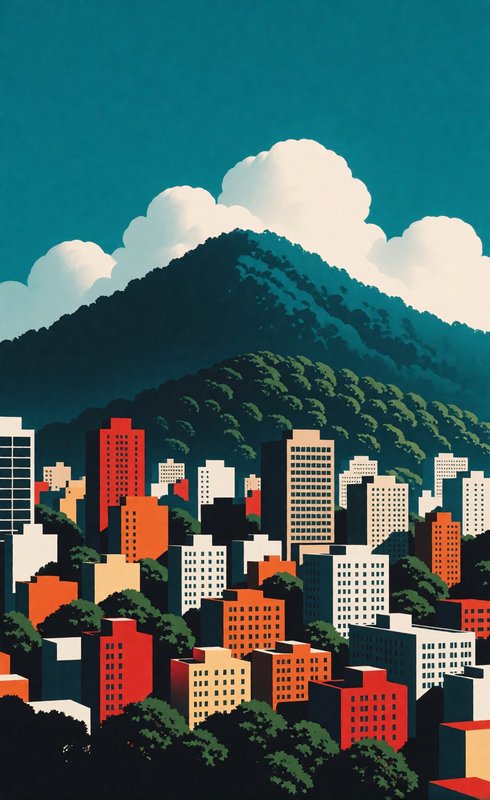 Stylized flat illustration of a colorful urban skyline set against forested mountains under a tea...