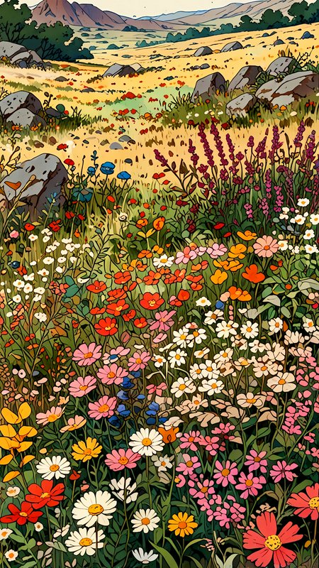 Whimsical illustrated wildflower meadow dense with colorful blooms extends to grassy slopes and d...