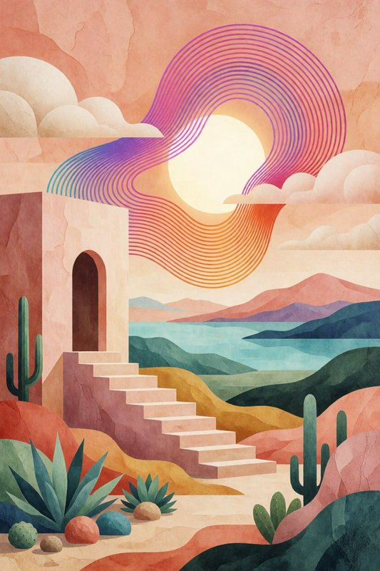 Surreal watercolor desert landscape with adobe entryway, saguaro cacti, rainbow sun arc, and dist...