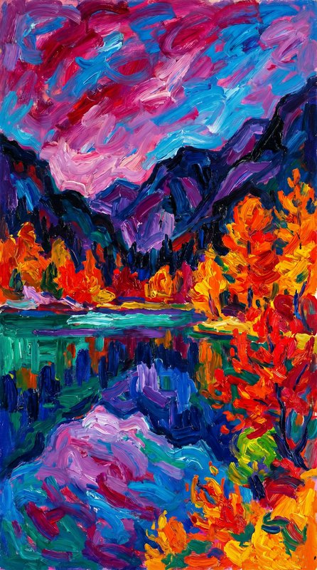 Textured impasto impressionist painting of a vivid autumn mountain lake landscape with swirling b...