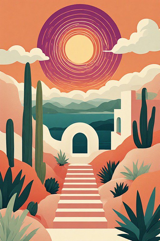 Stylized flat illustration of a desert coastal landscape with cacti, arched stairs, and a swirlin...