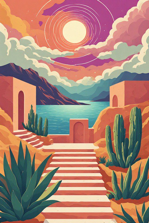 Surreal retro desert landscape with stone stairs, saguaro cacti, adobe buildings, turquoise water...