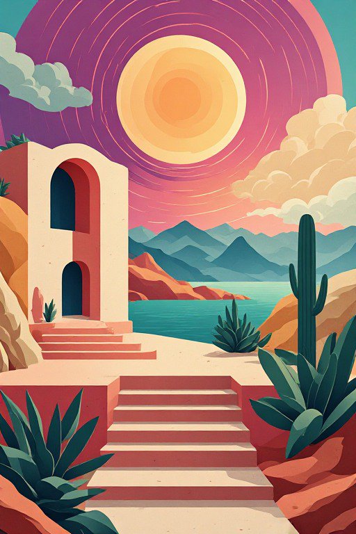 Flat retro illustration of a desert coastal adobe home, cacti, glowing sun, turquoise lake, and d...