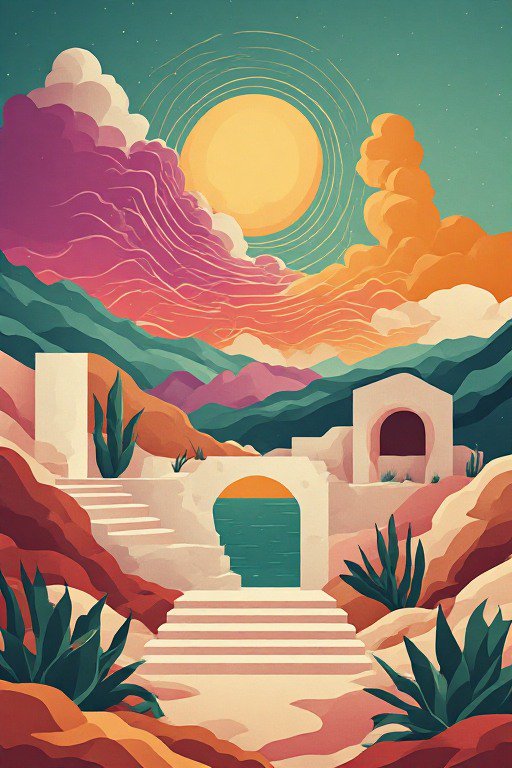 Surreal flat illustration of a desert oasis with adobe structures, agave plants, and a glowing su...