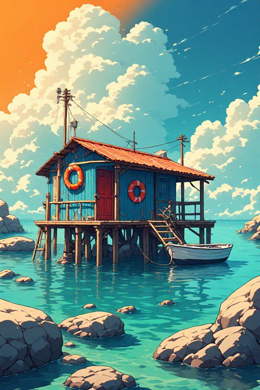 Anime illustration of blue stilt fishing hut over turquoise ocean, moored to a small rowboat unde...