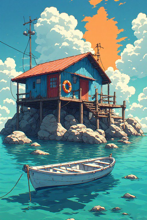Anime-style stilt fishing shack on rocky islet, moored rowboat on turquoise water, bright cloudy sky