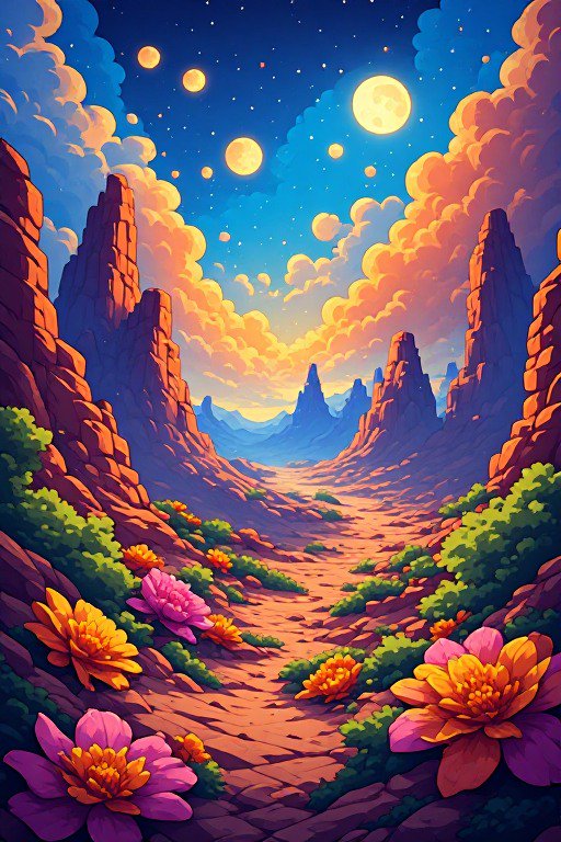 [Vibrant fantasy canyon landscape with oversized wildflowers, red rock spires, and a starry sky of multiple glowing moons]