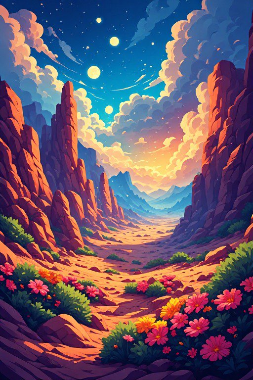 Stylized fantasy desert canyon with red rock cliffs, blooming wildflowers, and a multi-moon starr...