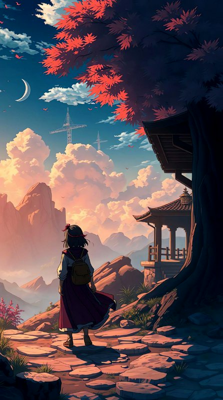 Anime traveler girl stands on a stone path, gazing at a sunset mountain landscape next to a tradi...