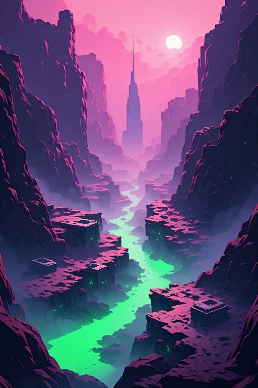 Stylized sci-fi canyon with glowing green river, distant skyscraper spire, and hazy pink sunset sky