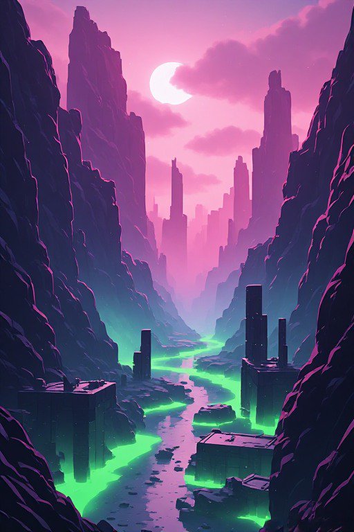 Futuristic cyberpunk canyon city with glowing neon green river, pink dusk sky, and distant skyscr...