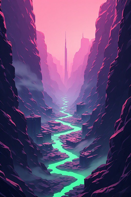 Retro-futuristic canyon city with glowing neon green river, gradient pink sky, jagged purple clif...