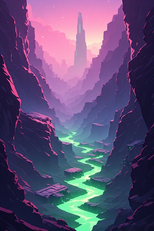 Stylized fantasy canyon landscape with glowing neon green river, distant futuristic spire, pastel...