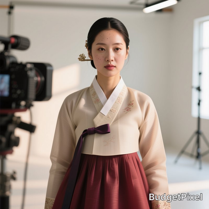 Young Korean woman in traditional embroidered hanbok standing in a bright, sunlit photography and...