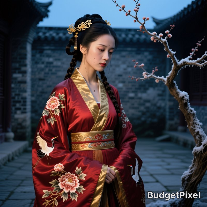 Young woman in embroidered red hanfu stands beside snow-dusted plum blossom in a traditional Chin...