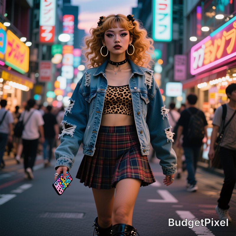 Young woman in bold Harajuku street fashion walks through a neon-lit busy Tokyo city street at tw...