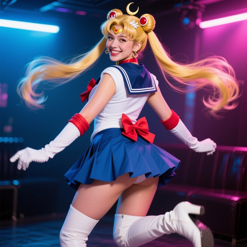 Smiling Sailor Moon cosplayer poses playfully, glancing back at the viewer under bright pink and ...