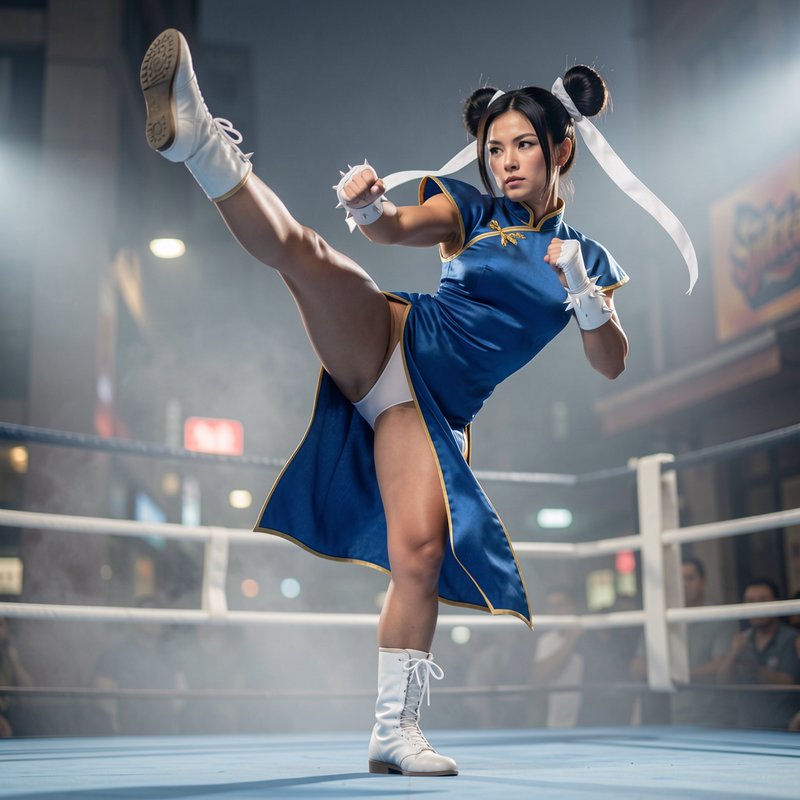 Realistic Chun Li cosplayer performs a high kick while standing in a spotlighted fight ring