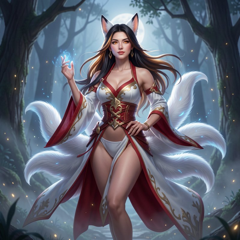 Nine-tailed kitsune sorceress casting glowing magic in a misty moonlit enchanted forest