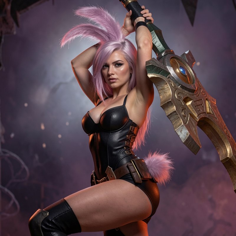Female fantasy warrior cosplayer with pink bunny ears holds an ornate giant greatsword above her ...