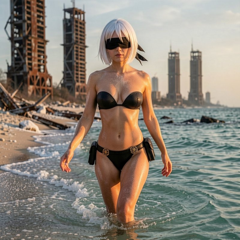 Photorealistic 2B Nier Automata cosplayer walking through shallow shore water on a ruined post-ap...