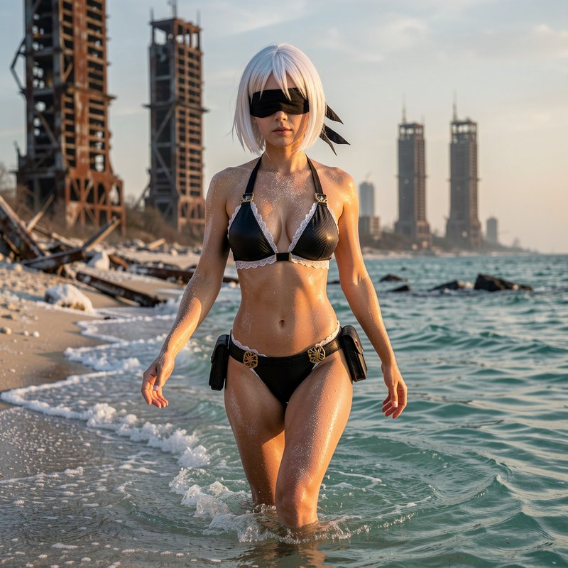 NieR Automata 2B cosplayer in a black bikini wades through shallow ocean water on a post-apocalyp...