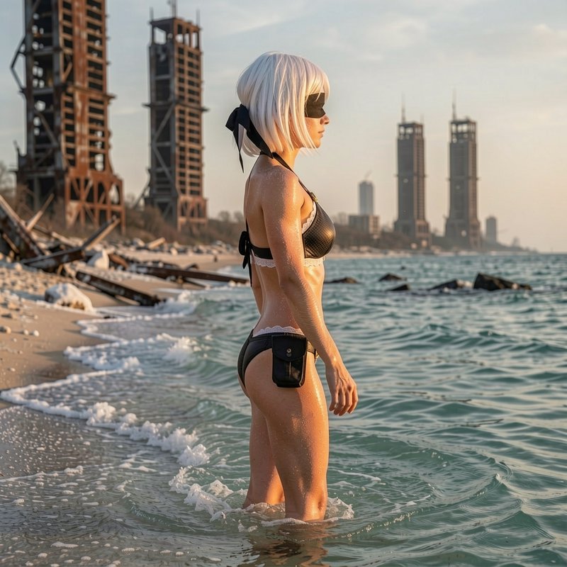 Photorealistic 2B Nier Automata cosplayer in a black bikini standing in shallow ocean surf on a r...