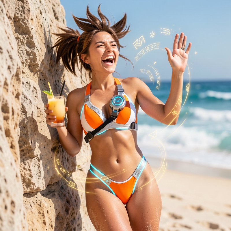 Laughing woman in a futuristic tech bikini holds a tropical drink, glowing holograms swirl around...