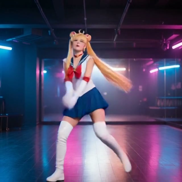 Performer in Sailor Moon cosplay dancing mid-move in a neon lit modern dance studio.