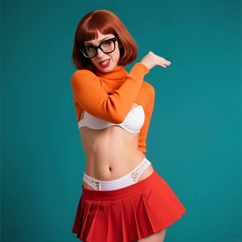 Playful Velma Dinkley cosplayer with red bob wig and glasses posing against a solid teal studio b...