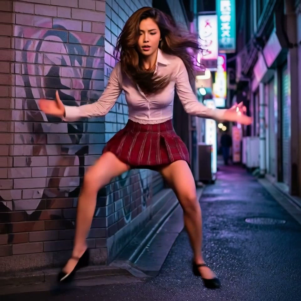 Young woman dancing energetically in a neon-lit Tokyo back alley at night, motion blur on her mov...