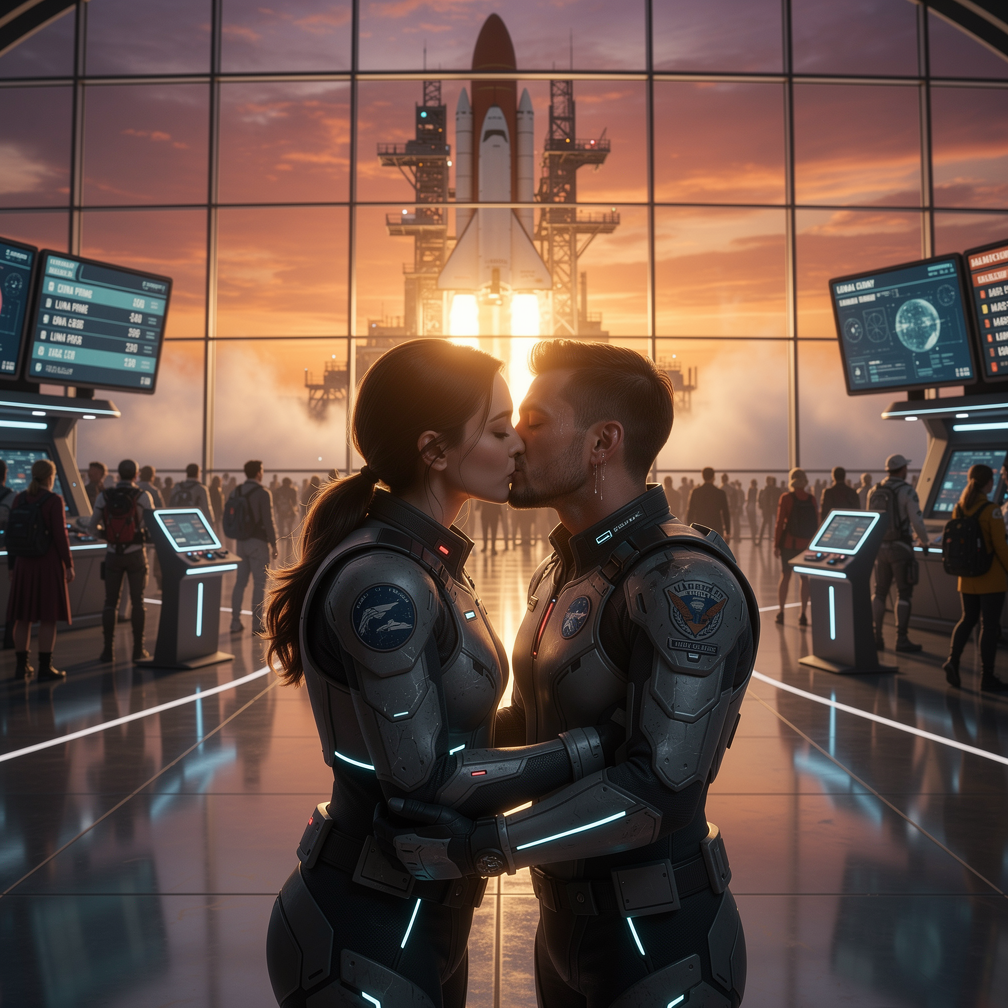 A couple in futuristic spacesuits kiss in a launch facility with a rocket behind them.