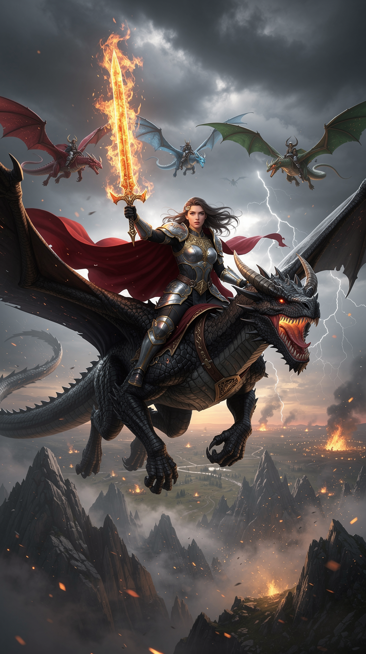 Female armored warrior riding a roaring black dragon with a flaming sword above jagged mountains.
