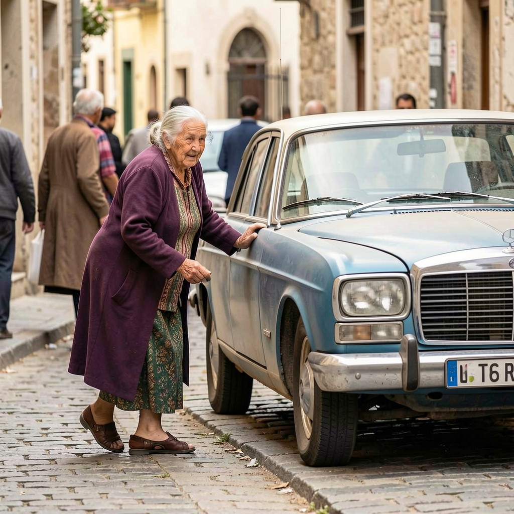 Elderly woman in a purple coat helping herself up beside a vintage blue car on a cobblestone street.