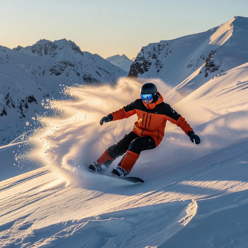 Snowboarder in an orange jacket carving through fresh powder on a snowy mountain slope.