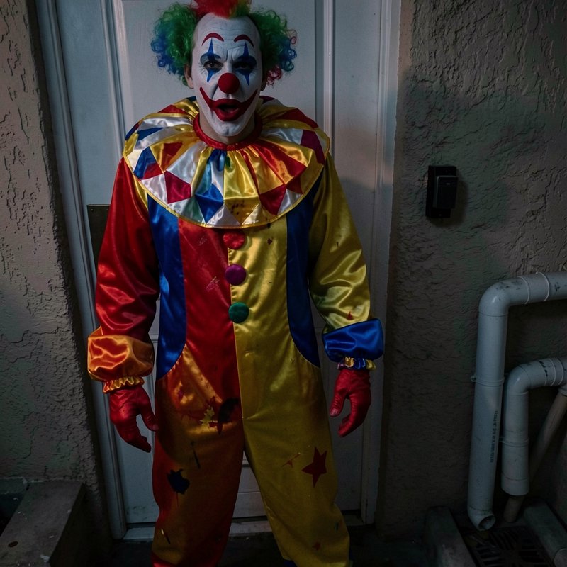 Full-body clown in a rainbow costume with ruffled collar and colorful wig standing at a door.