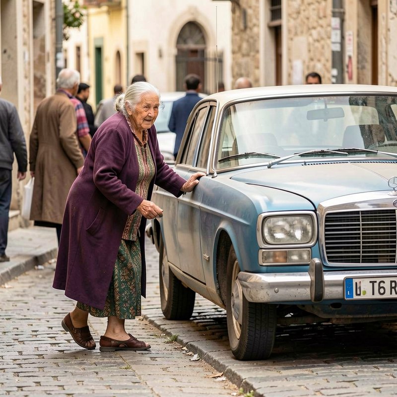 Elderly woman in a purple coat helping herself up beside a vintage blue car on a cobblestone street.