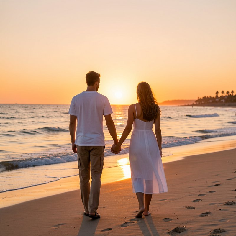 A couple walking hand-in-hand along a sunset-lit beach shoreline