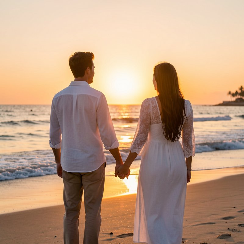 Couple holding hands on a sunset beach, facing the ocean, with warm orange and gold hues.