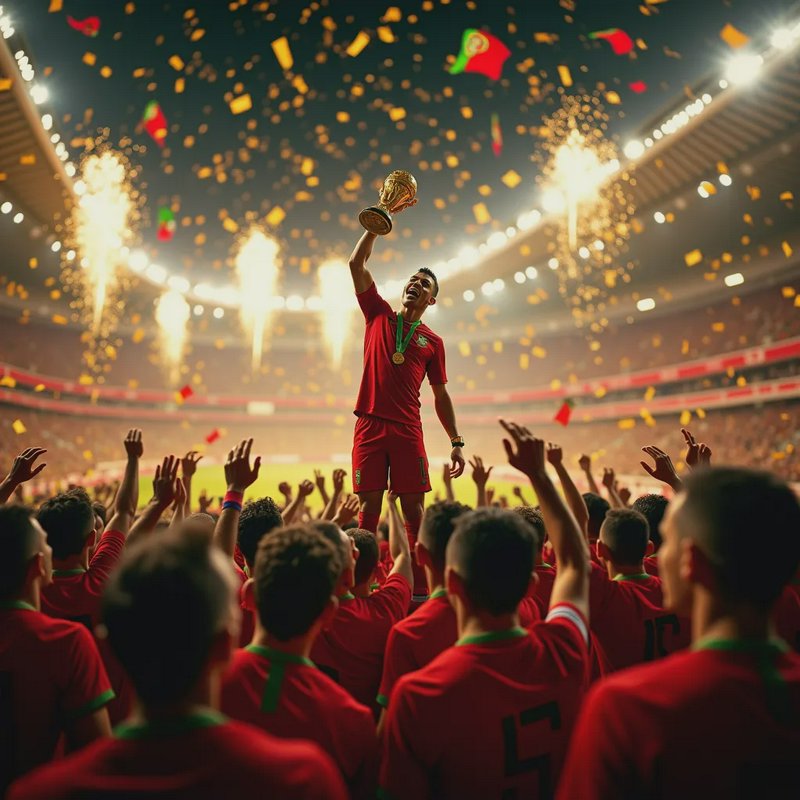 Soccer player lifts trophy on podium amid cheering teammates in a stadium with confetti and firew...