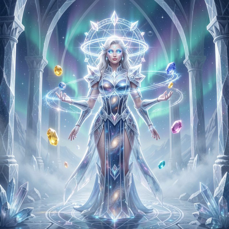 Elegant ice queen sorceress in crystal arena with glowing rings and floating gems.
