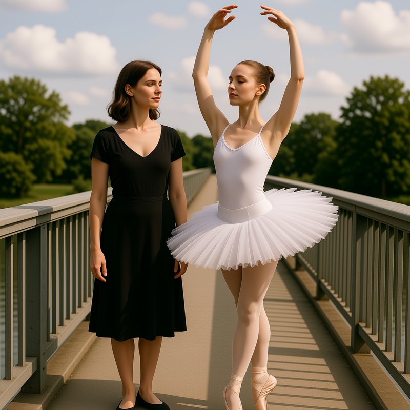 Two women on a sunny park pedestrian bridge: a ballerina in a white tutu en pointe, and a woman i...